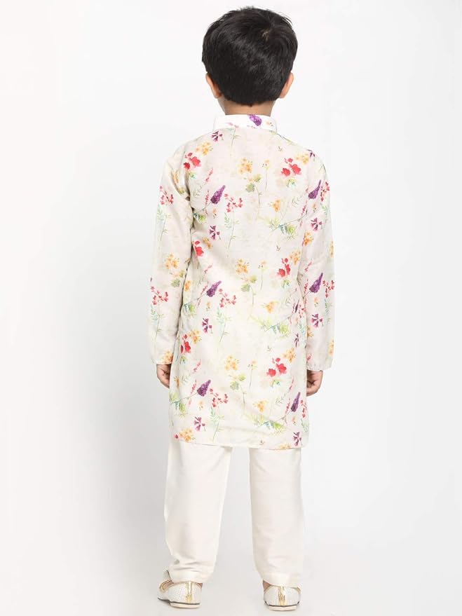 Boys' Perfect Spring Edit Floral Design Digitally Printed Kurta with Bling Buttons & Singara Border, Relaxed Pyjama Set For Ethnic & Festive Occasions gallery image