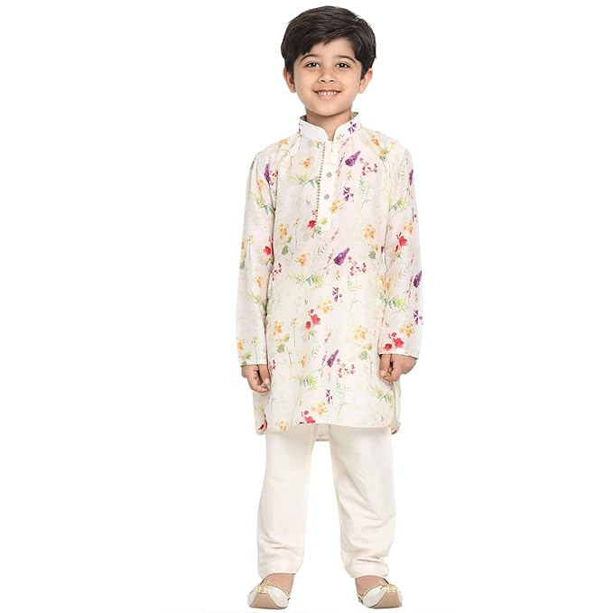 Boys' Perfect Spring Edit Floral Design Digitally Printed Kurta with Bling Buttons & Singara Border, Relaxed Pyjama Set For Ethnic & Festive Occasions main image