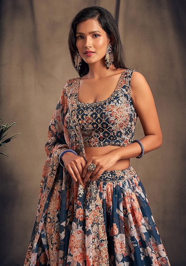 Zeel Clothing Women's Organza Floral White Semi-Stitched Lehenga Choli (7611-Wedding-Floral-Lehenga-Latest, White) gallery image